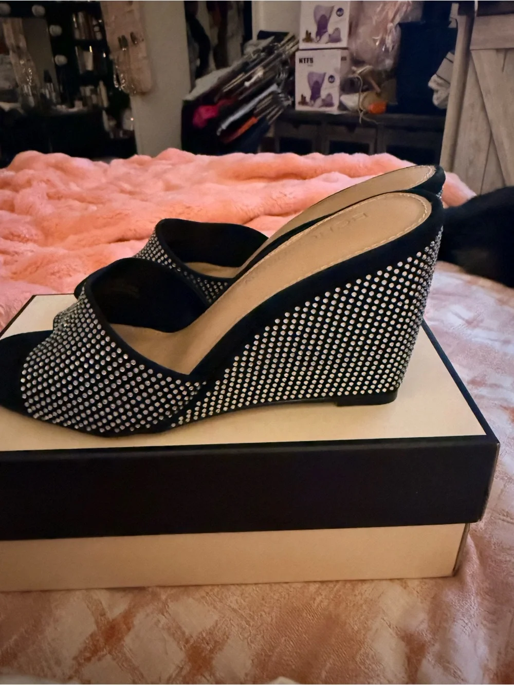 BCBGeneration Black Crystal-Studded Wedge Sandals